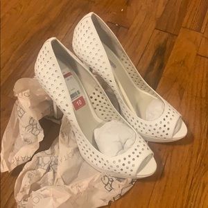 BCBG white peep toe heels